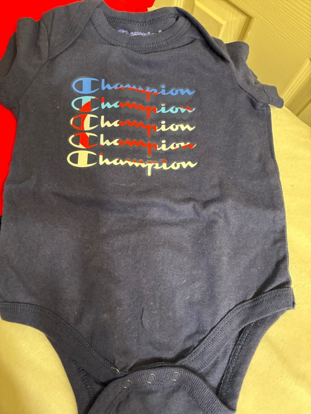 Champion Navy Baby Bodysuit with Multicolor Logo 3 piece set (12) or $4 each